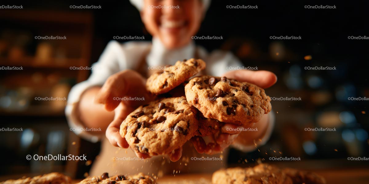 Smiling Baker Offering Freshly Baked Chocolate Chip Cookies