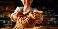 Smiling Baker Offering Freshly Baked Chocolate Chip Cookies
