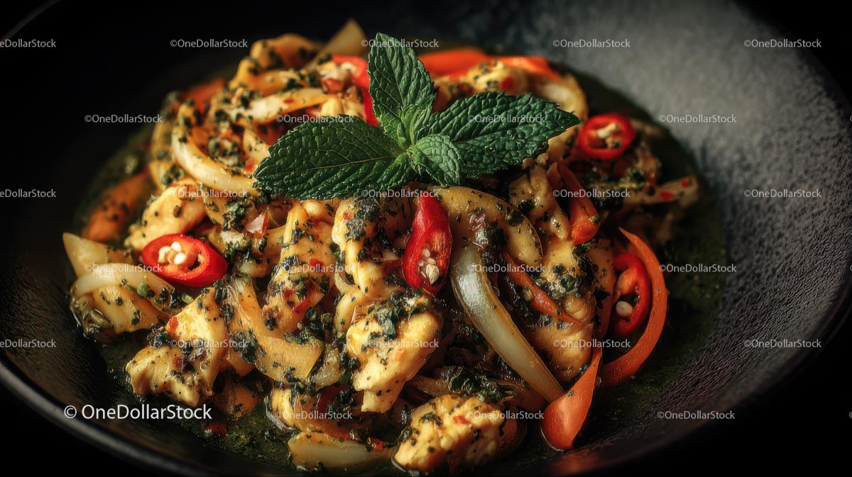 Spicy Asian Dish with Fresh Herbs and Chili Peppers