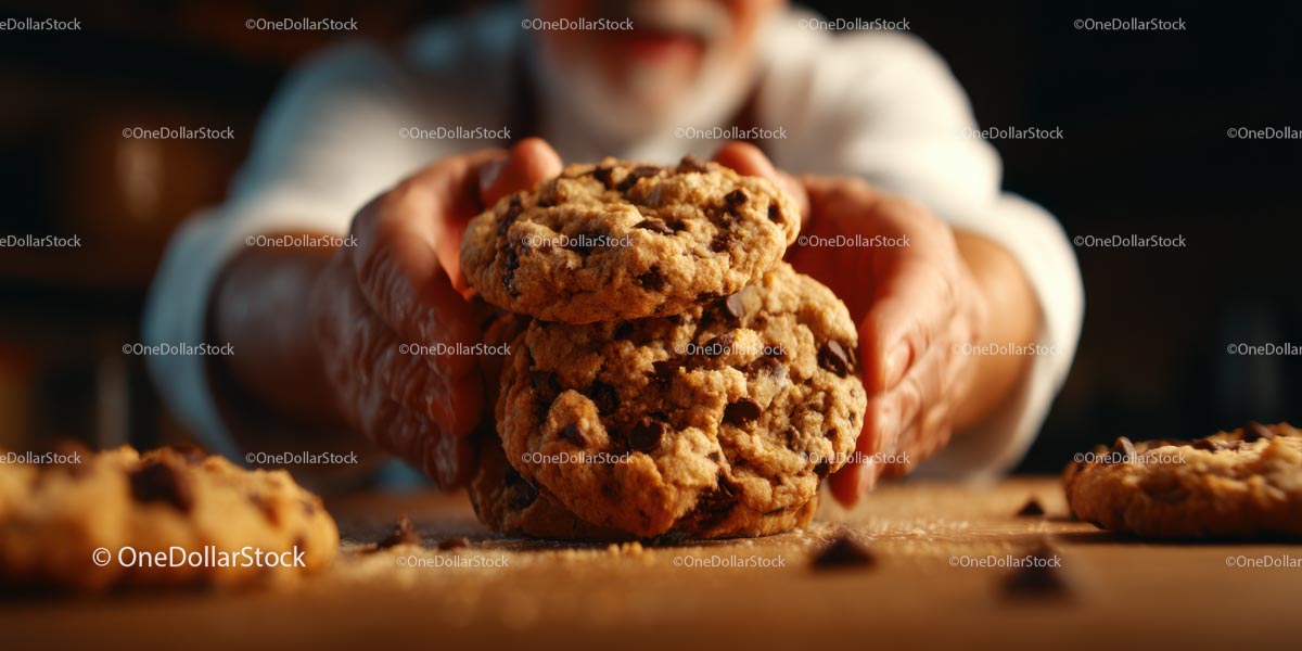 Freshly Baked Chocolate Chip Cookies Stacked in Warm Kitchen