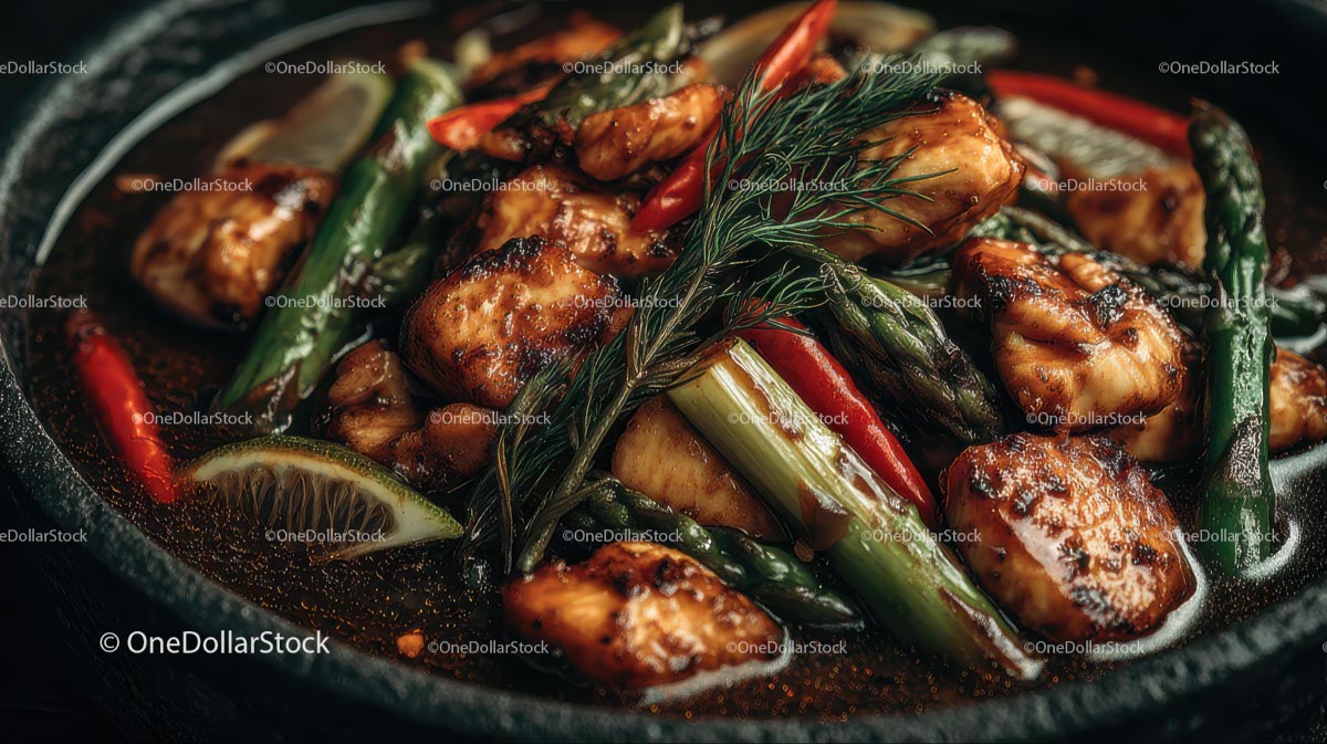 Grillowany kurczak ze szparagami i ziołami na patelni