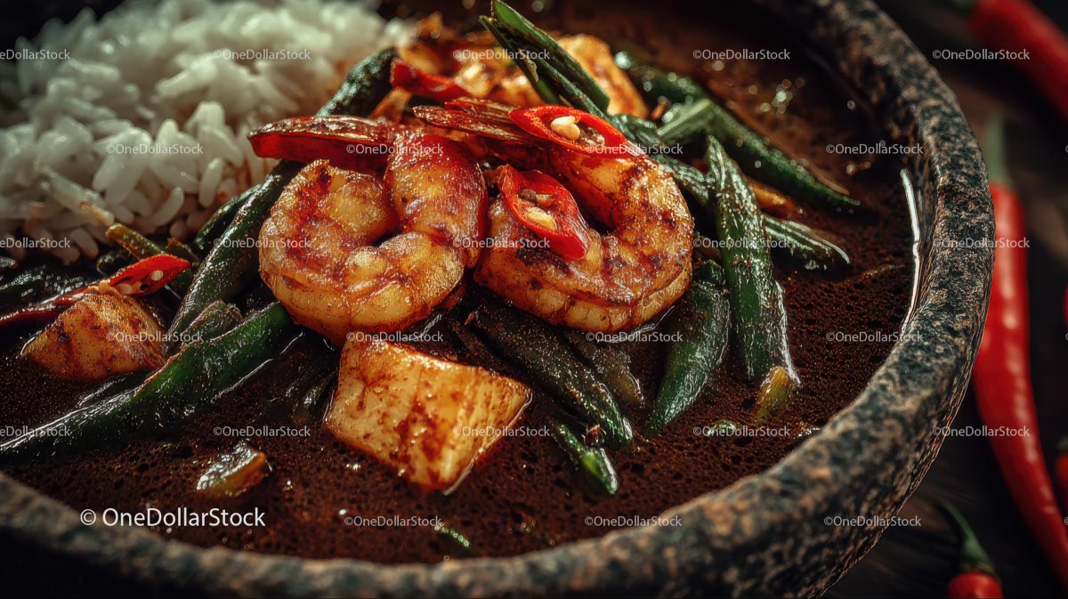 Pikantne curry z krewetkami, zieloną fasolką i ryżem