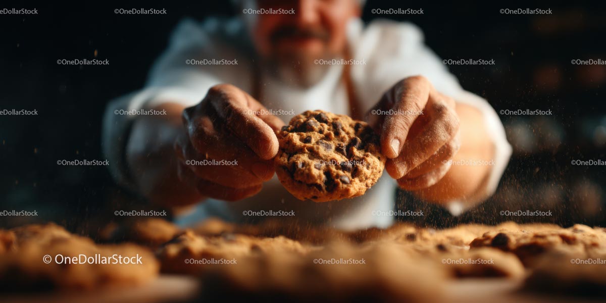 Świeżo upieczone ciasteczka z kawałkami czekolady w rękach szefa kuchni