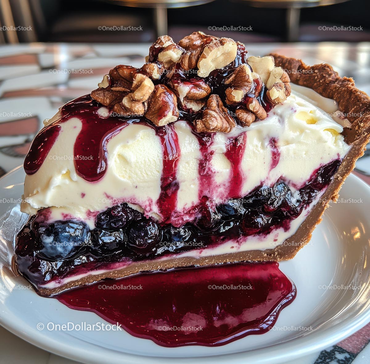 Blueberry Pie Slice with Cream and Nut Topping