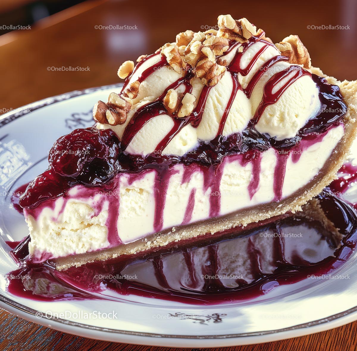 Gourmet Cheesecake Slice with Berry Sauce and Walnuts