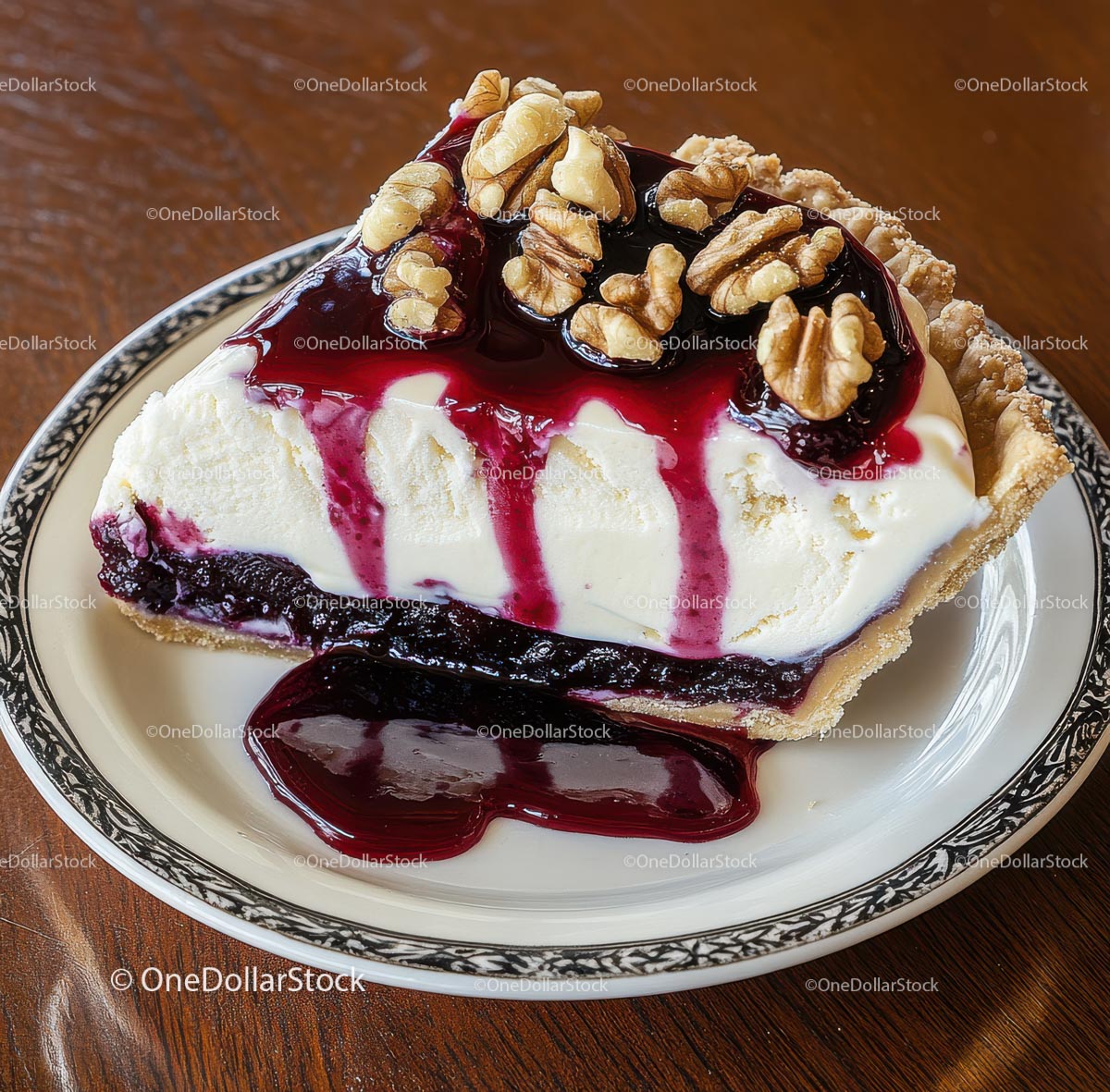 Decadent Slice of Ice Cream and Cherry Pie with Walnuts