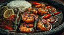 Grilled Spicy Shrimp with Rice and Lemon Garnish