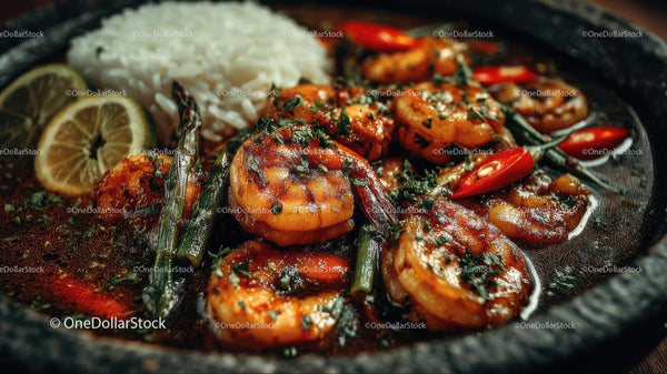 Grilled Spicy Shrimp with Rice and Lemon Garnish