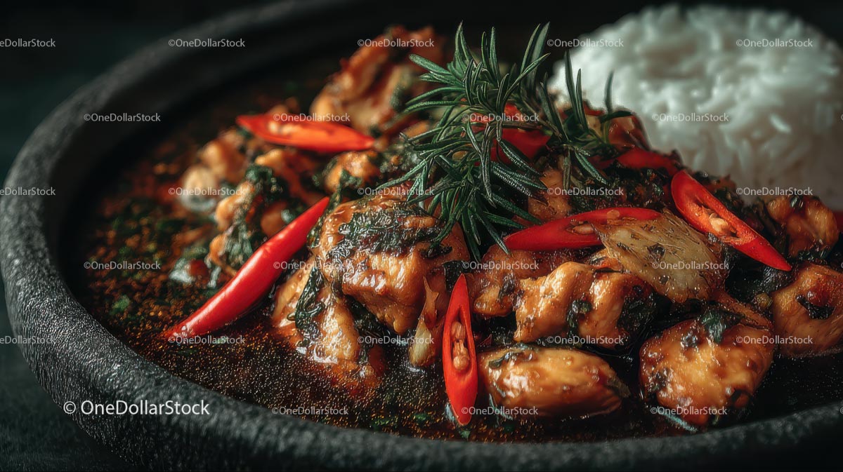 Spicy Chicken with Red Chili and Rosemary Garnish