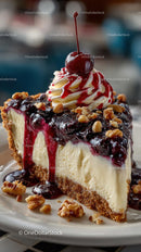 Cherry Topped Cheesecake with Nuts and Whipped Cream