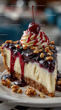 Cherry Topped Cheesecake with Nuts and Whipped Cream