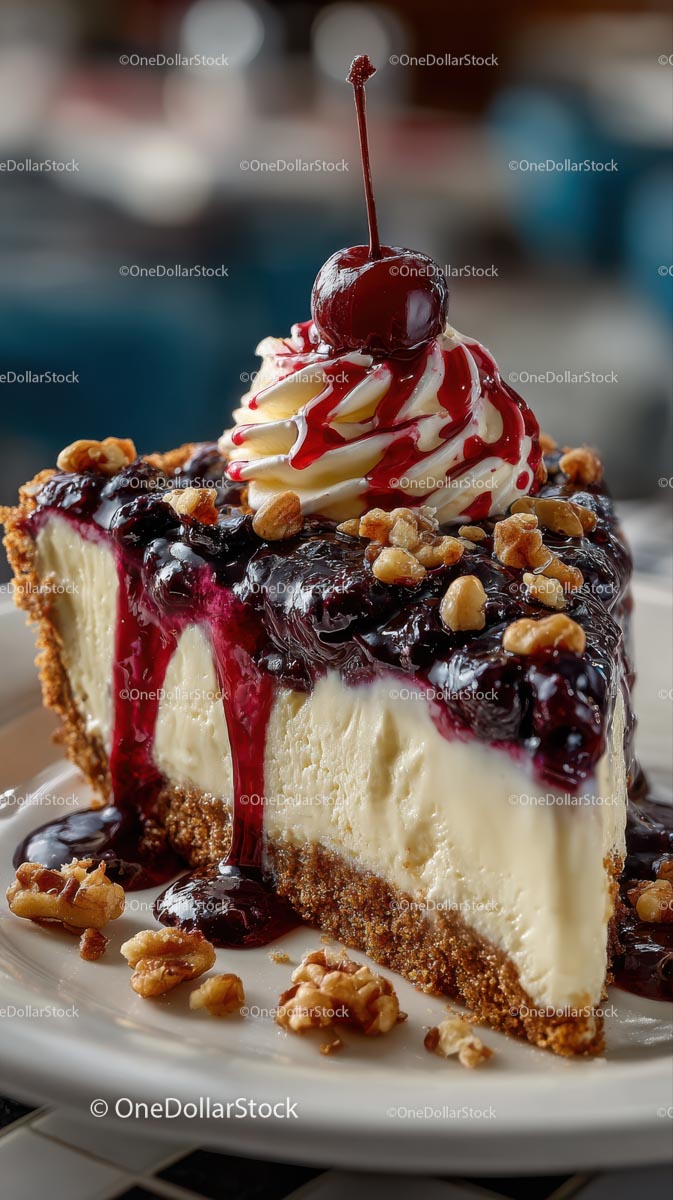 Cherry Topped Cheesecake with Nuts and Whipped Cream