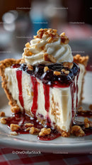 Cherry Topped Cheesecake with Whipped Cream and Walnuts