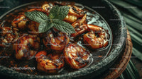 Grilled Shrimp with Mint Garnish in Rustic Bowl