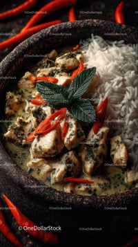 Thai Green Curry with Jasmine Rice and Chili Garnish