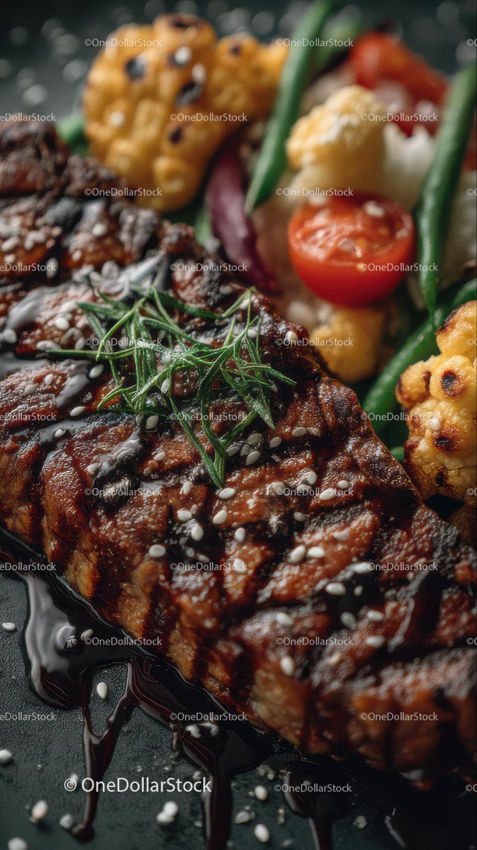Grillowany stek ze świeżym rozmarynem i pieczonymi warzywami