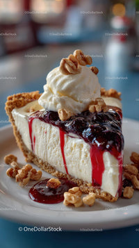 Delicious Cheesecake with Berry Sauce and Walnuts