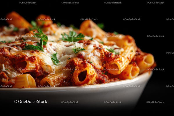 Baked Ziti with Cheese and Fresh Parsley Garnish