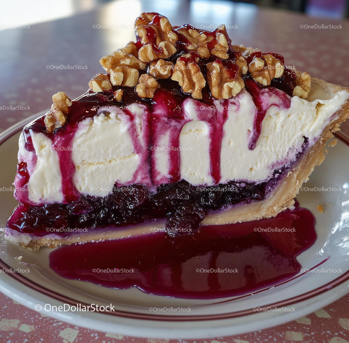 Slice of Blueberry Cheesecake with Walnuts Topping