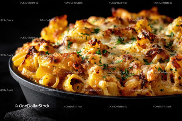 Golden Baked Pasta with Cheese and Herbs in Rustic Skillet