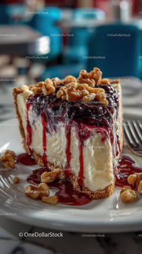 Delectable Cheesecake with Walnuts and Berry Sauce