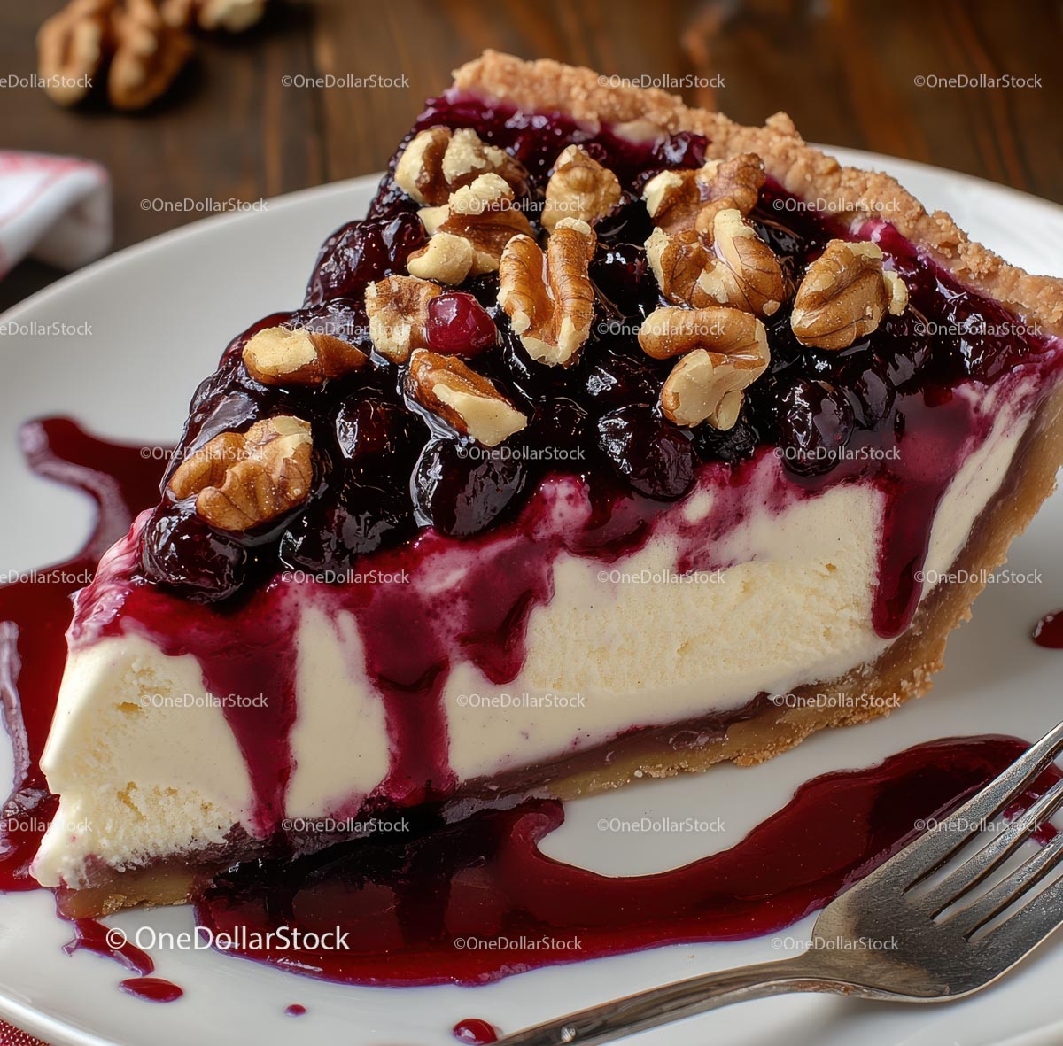 Slice of Cheesecake with Berries and Pecans