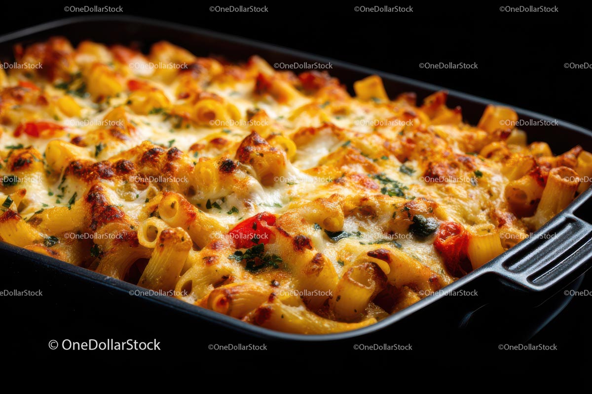 Pyszne pieczone rigatoni z roztopionym serem i pomidorem