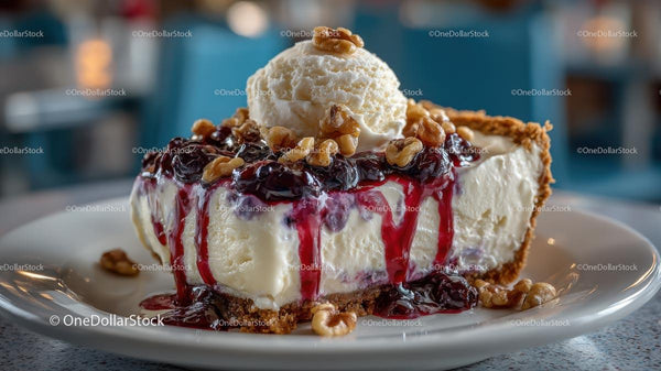 Cheesecake Slice with Ice Cream and Berry Sauce