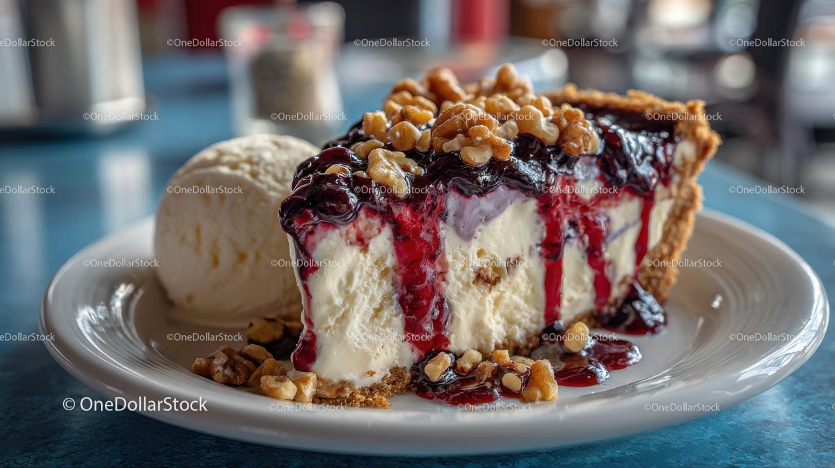 Cheesecake Slice with Blueberry Sauce and Walnuts