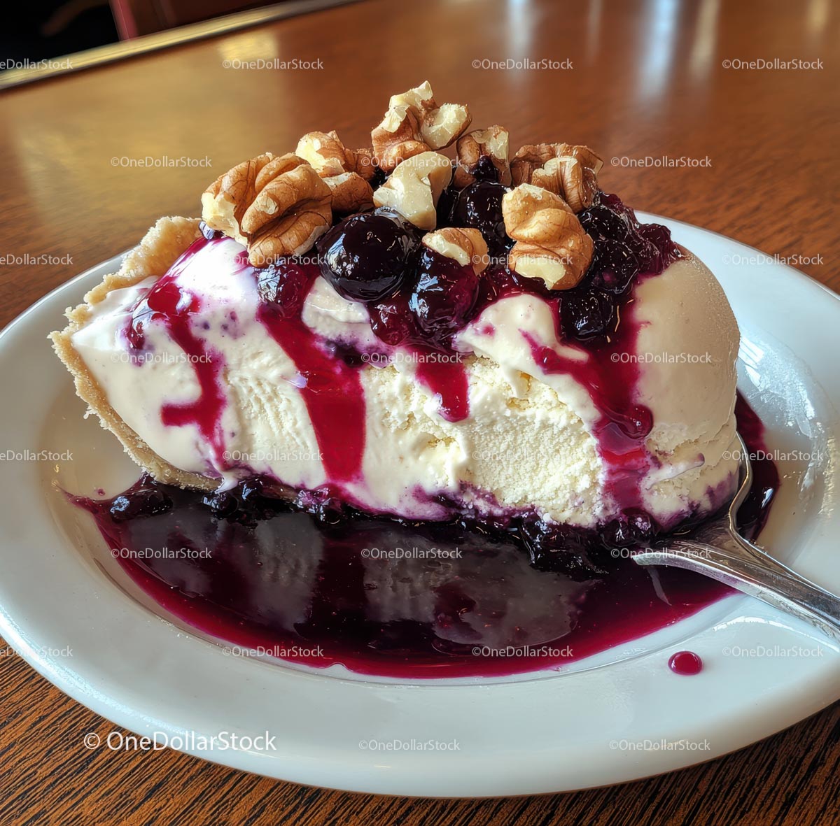 Creamy Cheesecake Slice with Blueberry Sauce and Walnuts