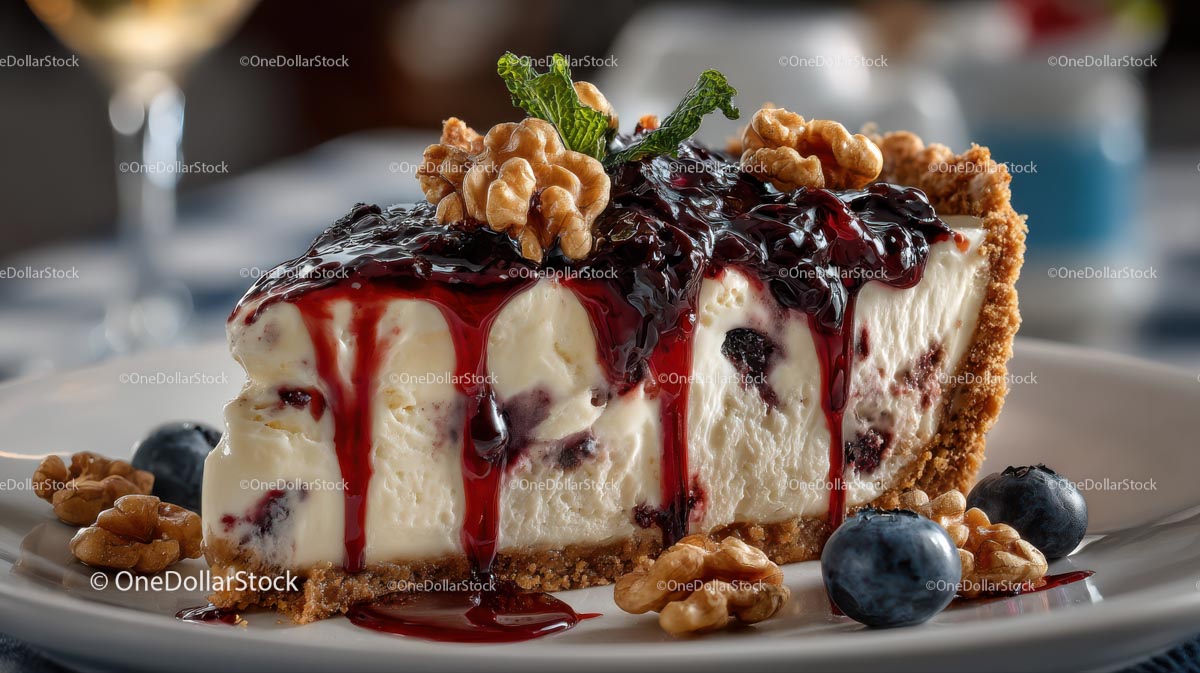 Blueberry Cheesecake with Walnut Garnish