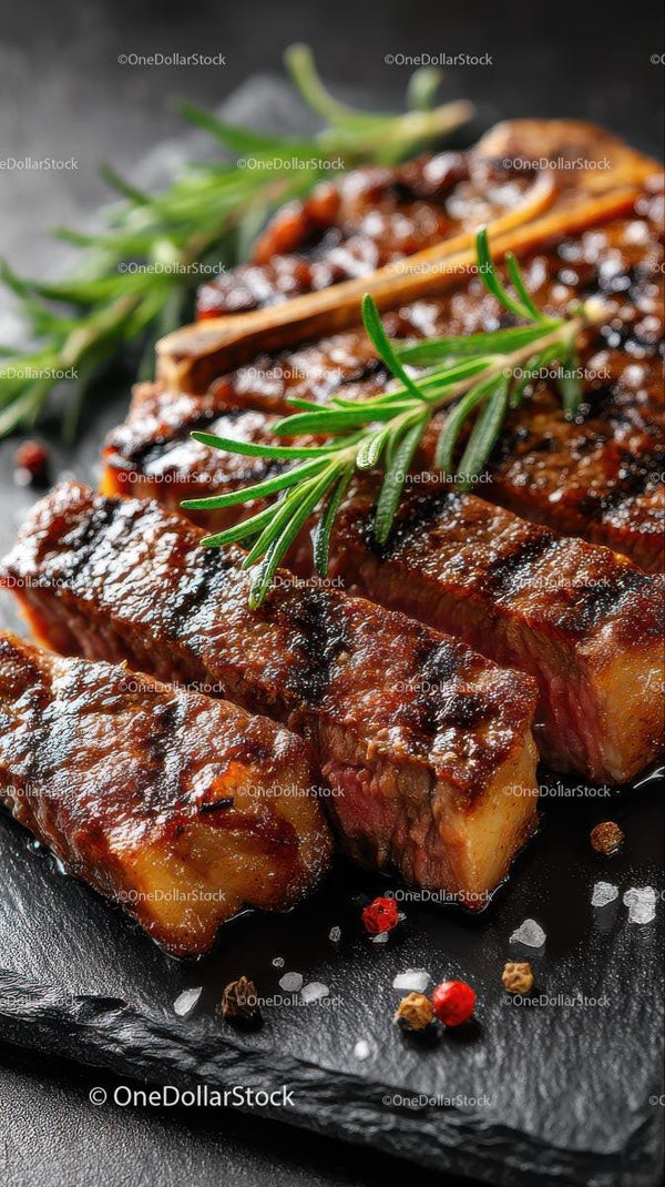 Grilled Ribeye Steak with Fresh Rosemary on Slate