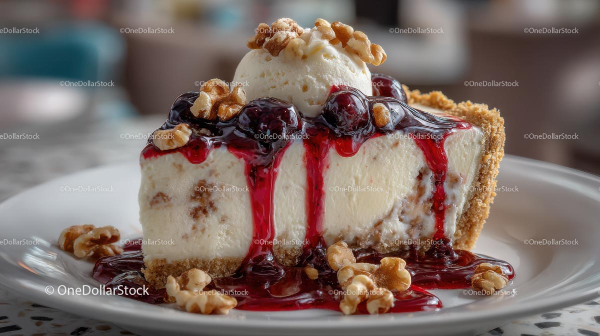 Cherry Cheesecake with Ice Cream and Walnuts on Plate