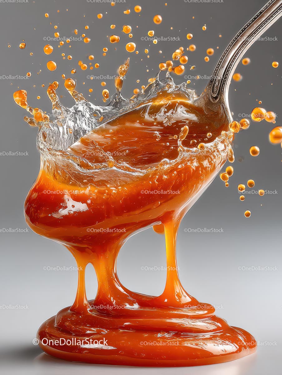 Vibrant Caramel Splash on Spoon