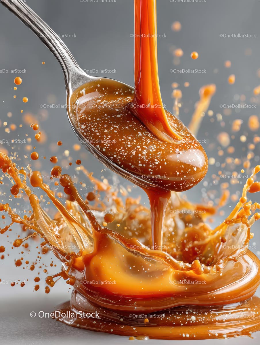 Flowing Caramel Splash on Silver Spoon