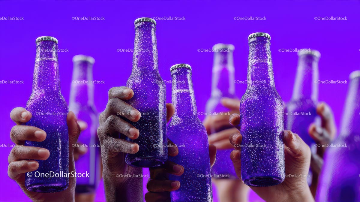 Diverse Hands Raising Purple Bottles in Celebration
