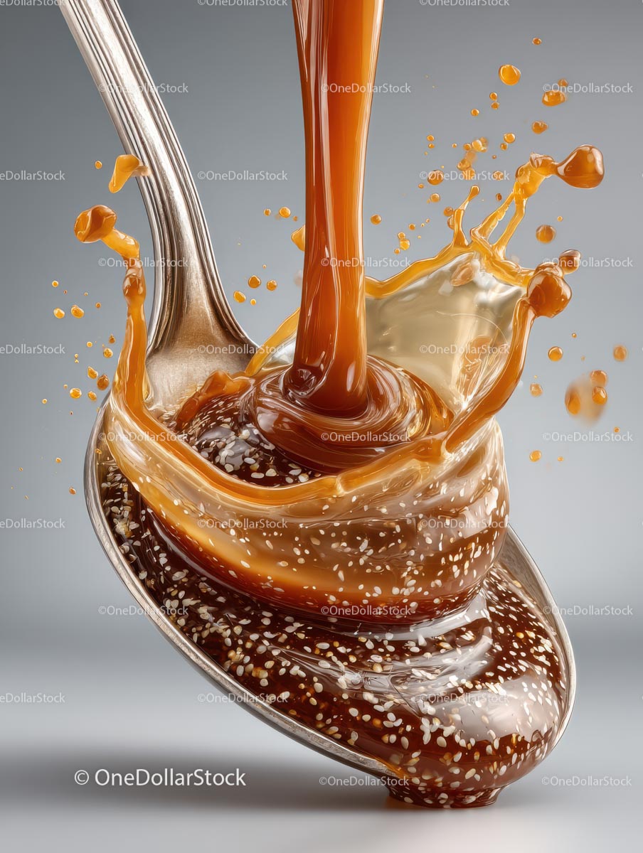 Caramel and Chocolate Syrup Splash with Sesame on Spoon