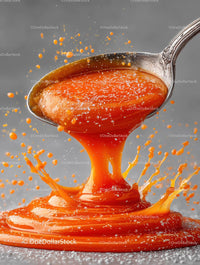 Vibrant Splash of Orange Caramel on Spoon