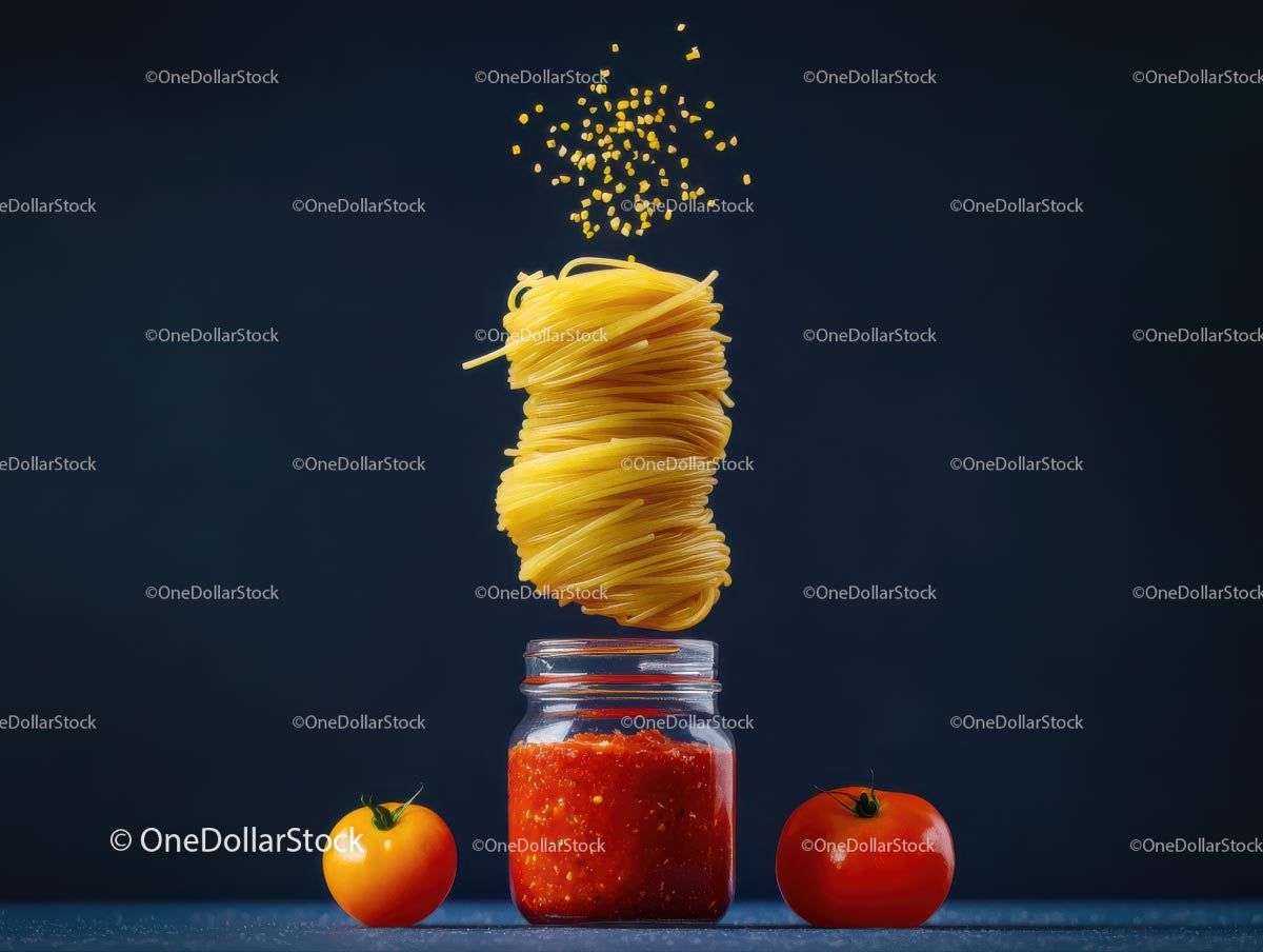 Floating Spaghetti Over Jar of Tomato Sauce