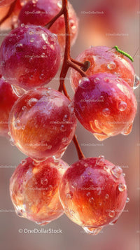 Red Grapes with Water Droplets on a Vine