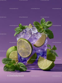 Refreshing Cocktail with Lime and Mint on Purple Background