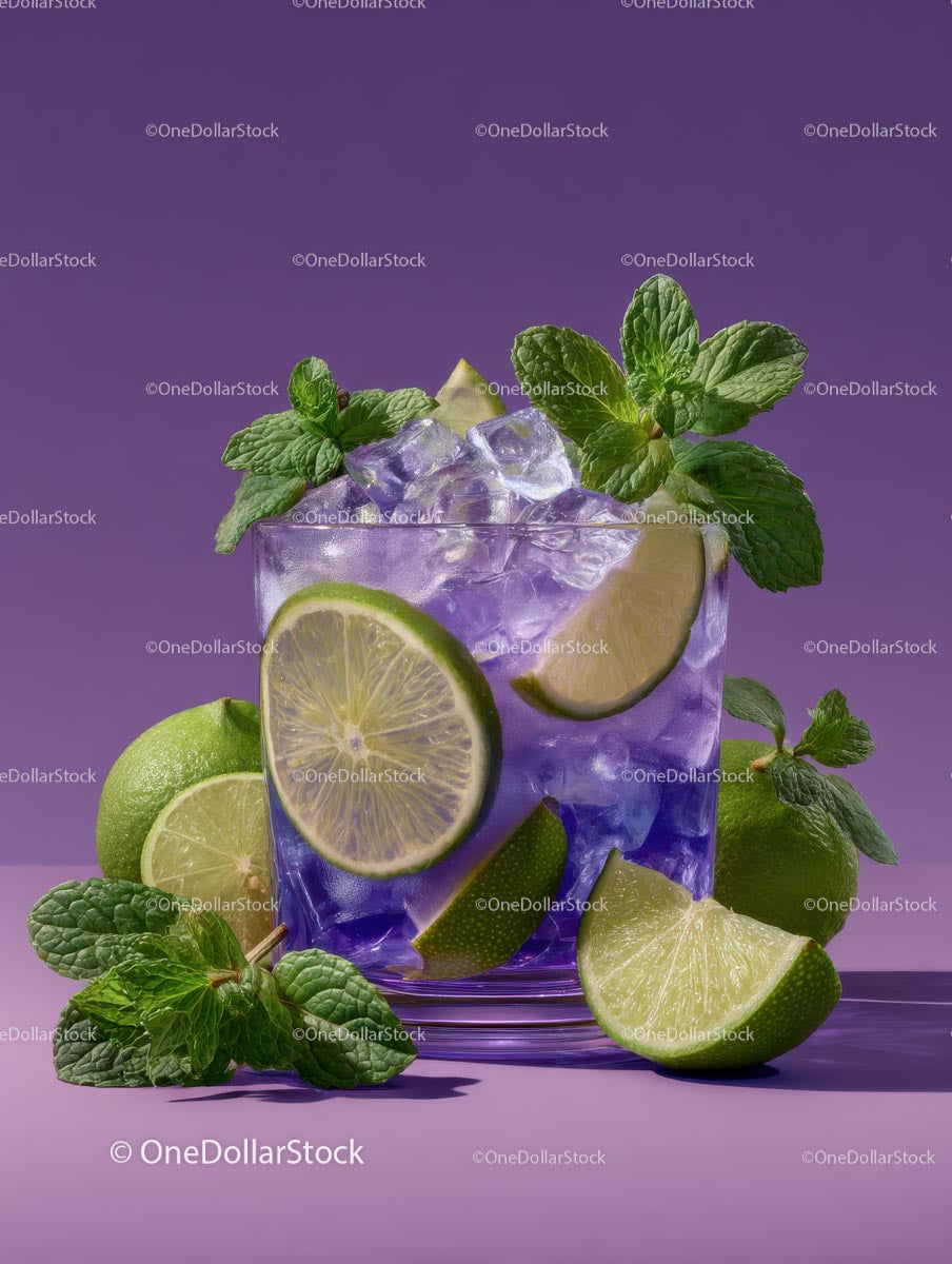Refreshing Cocktail with Lime and Mint on Purple Background