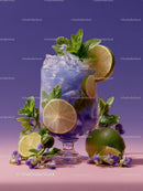 Refreshing Cocktail with Mint and Lime on Violet Background