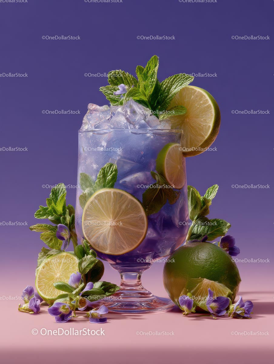 Refreshing Cocktail with Mint and Lime on Violet Background