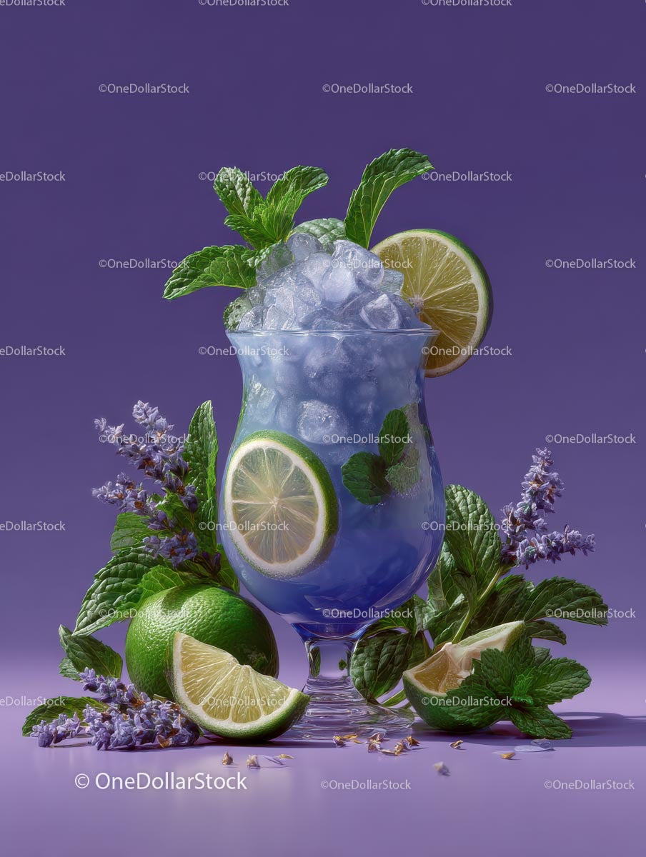 Refreshing Blue Cocktail with Lime and Mint Garnish