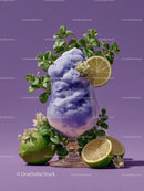 Purple Ice Dessert with Lime and Mint on Pastel Background