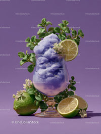 Purple Ice Dessert with Lime and Mint on Pastel Background