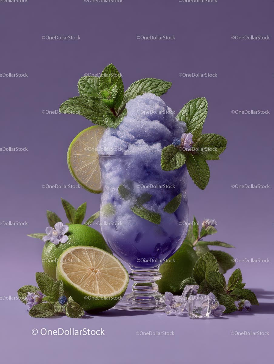 Refreshing Violet Mint and Lime Cocktail with Ice
