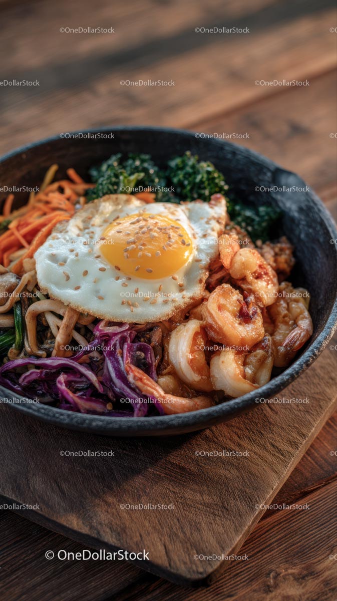 Gourmet Shrimp Bowl with Fried Egg and Vegetables