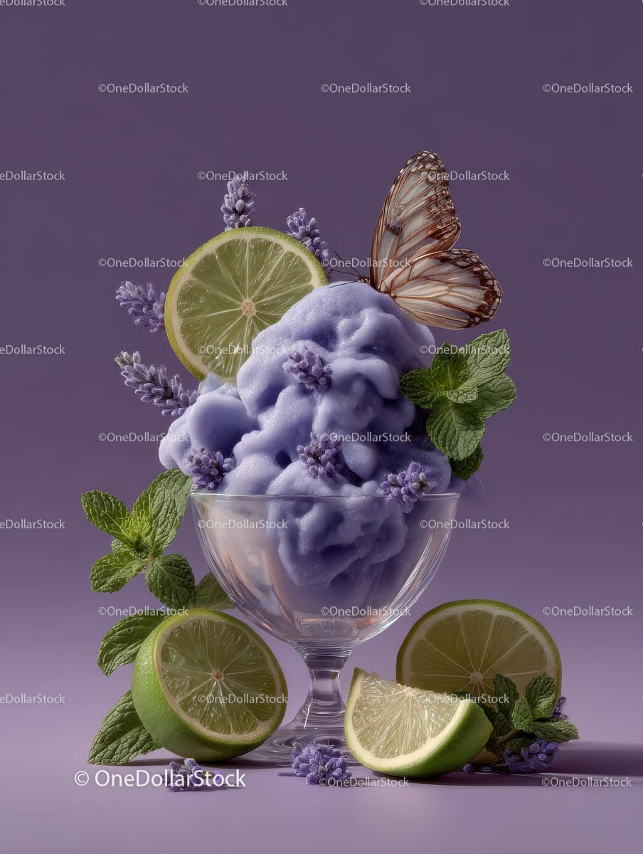 Refreshing Purple Cocktail Garnished with Mint and Lime